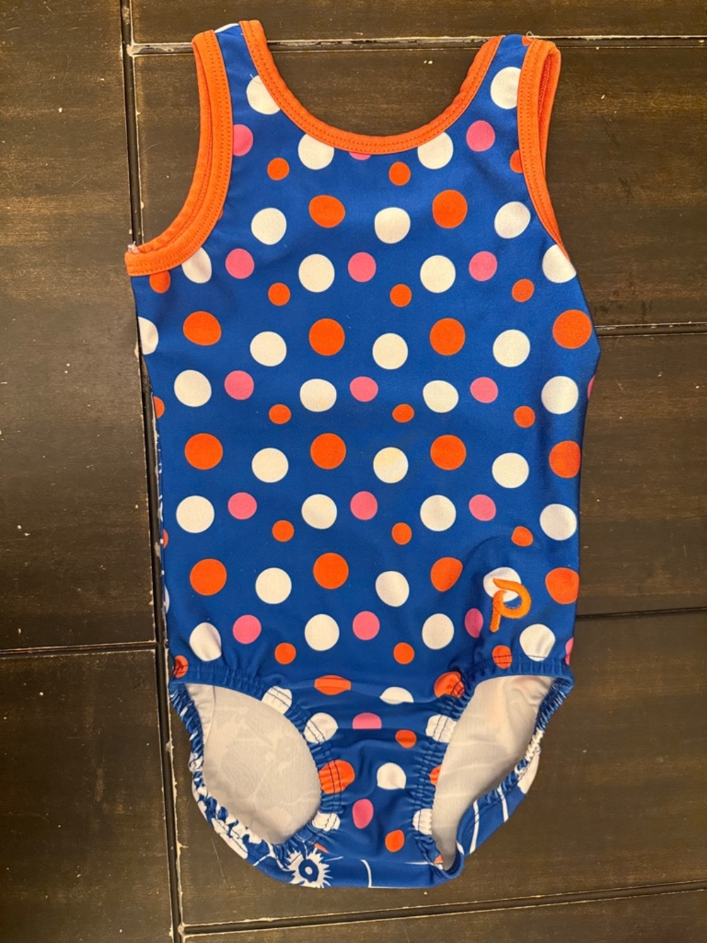 Plum Practicewear Blue Polka Dot with Orange Trim Gymnastics Leotard